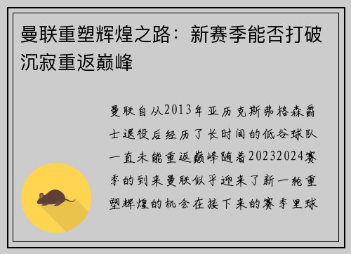 曼联重塑辉煌之路：新赛季能否打破沉寂重返巅峰